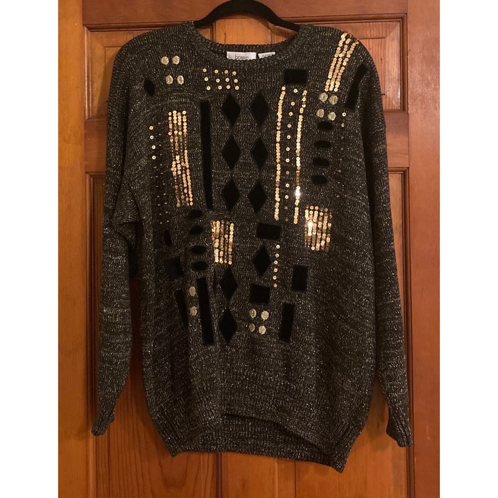 Vintage 80s Bonnie Bill Women L Black Sequin Velvet Geometric Knit Sweater Party